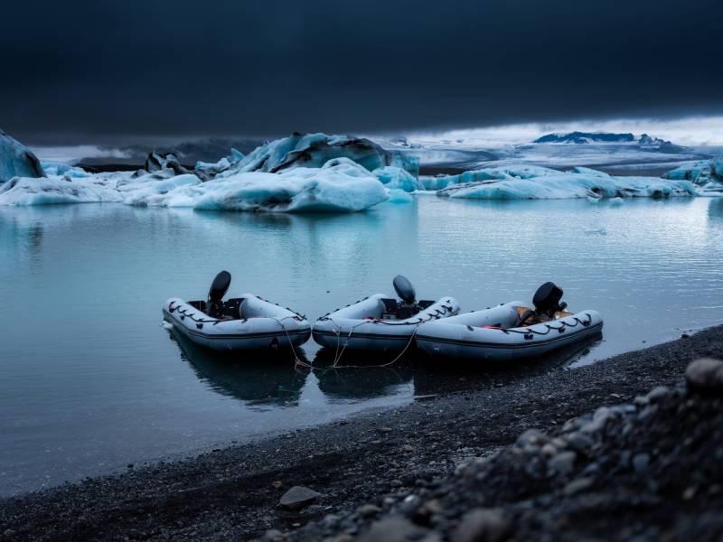 Jokulsarlon glacier lagoon, Vatnajokull national park, Iceland. Icebergs and boats.
